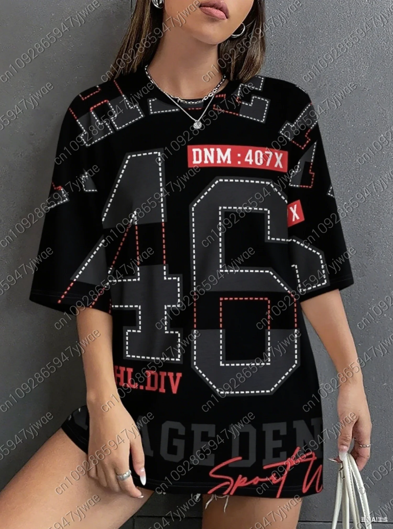 Novedad en la moda para mujer, camiseta Digital 3D digital 46 con estampado de manga corta y cuello redondo, camiseta deportiva de gran tamaño para verano