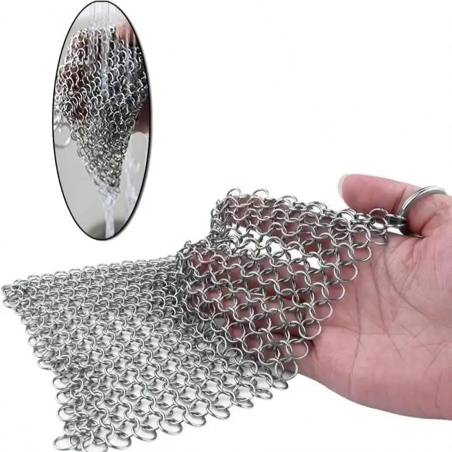 Cast Iron Scrubber 316 Stainless Steel Skillet Cleaner ; Chainmail Scrubber Scraper Chain Mail Link Scrub For Cast Iron Pre-Seasoned Pans, Griddles, BBQ Grills, And Pot Cookware Cleaning