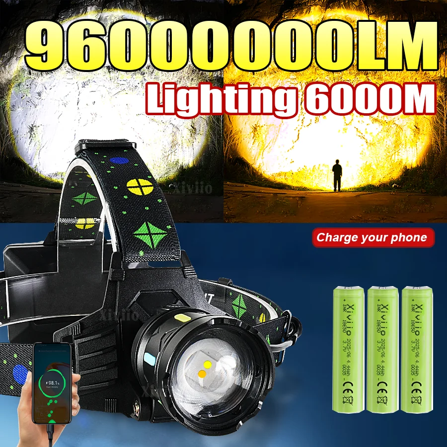 

960000000LM Мощный светодиодный налобный фонарь, налобный фонарь Long Shot 6000M 18650, рыбалка, охота, рабочий налобный фонарь, перезаряжаемая фара