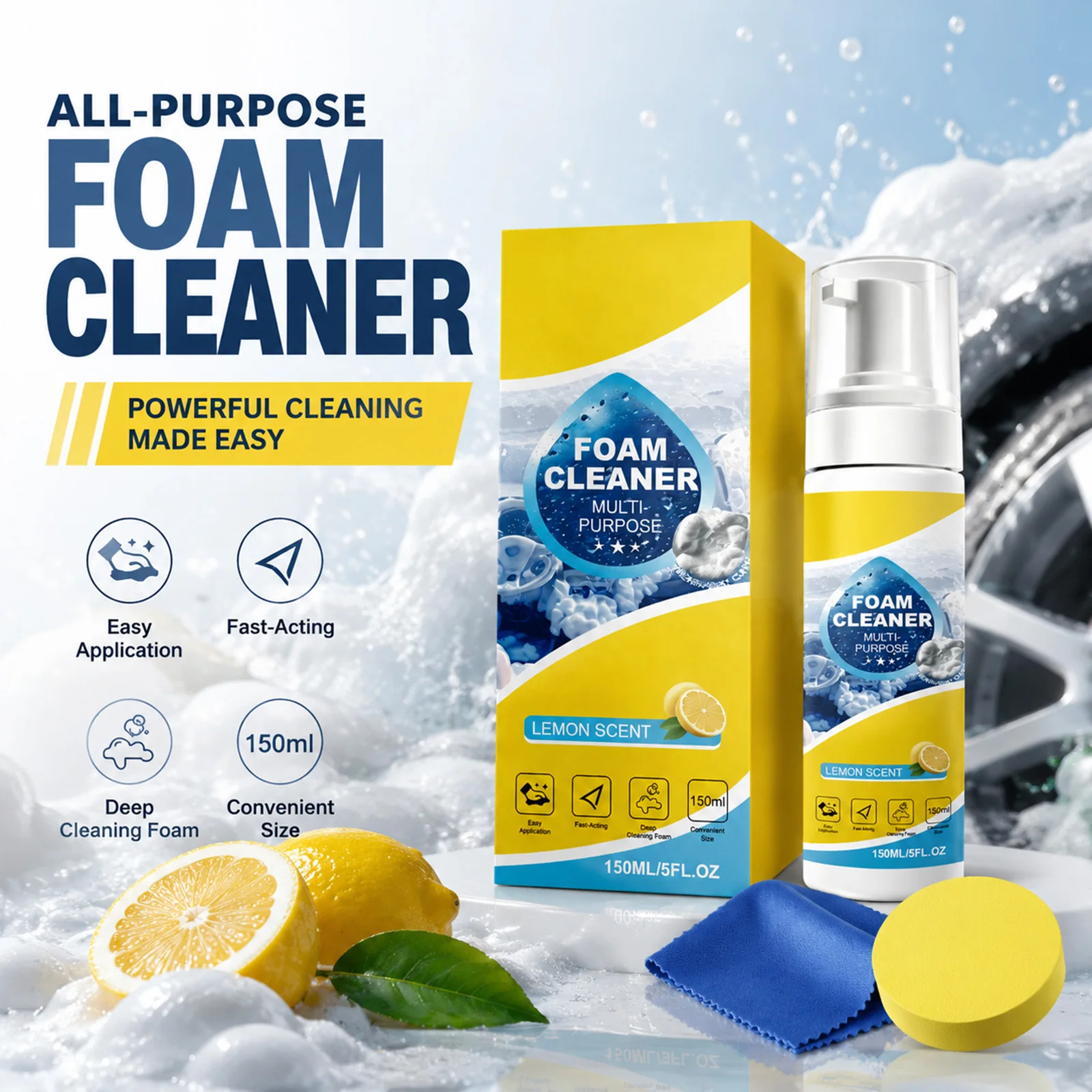 Multi-Purpose Lemon Foam Cleaner Kit Car Interior Stain Remover No Scrub Deep Cleaning For Home Auto Multi-Surface