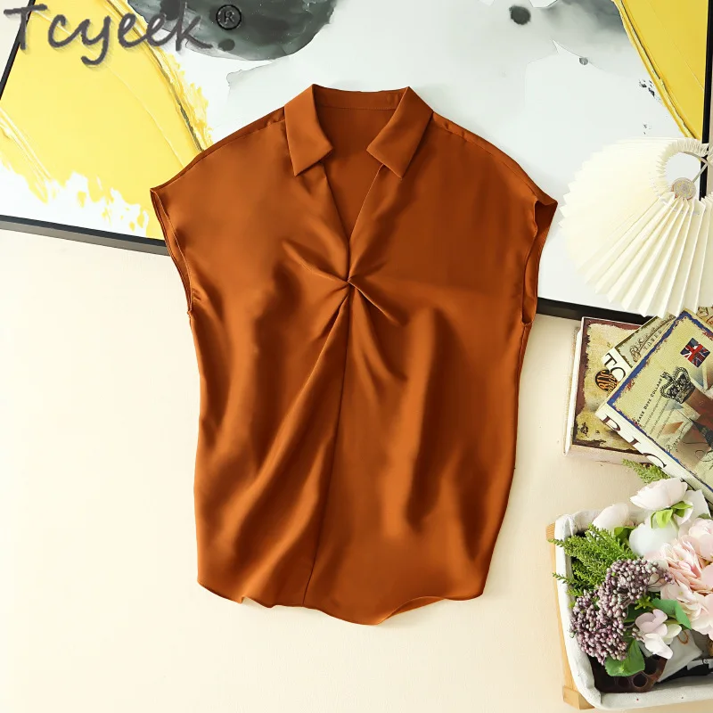 Tcyeek-Blouse en fibre de mûrier pour femme, style fin, vêtements d'été en Y, 7 couleurs, 93%, 2024