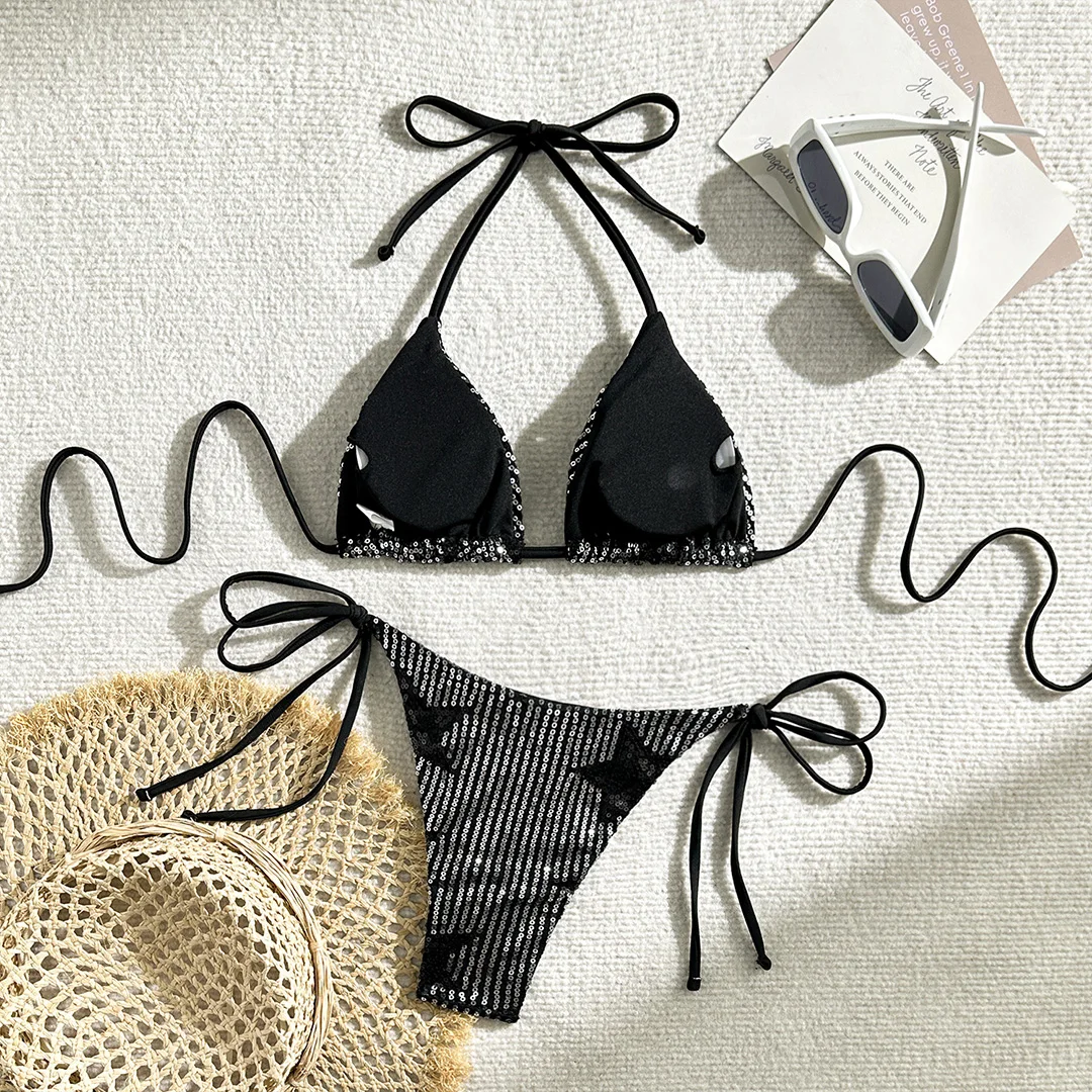 Neuer glänzender Bikini mit Pailletten, Neckholder und hohem Beinausschnitt, Damen-Badeanzug, zweiteiliges Bikini-Set, Badebekleidung, Badeanzug, Schwimmanzug V5825 – Detail 18