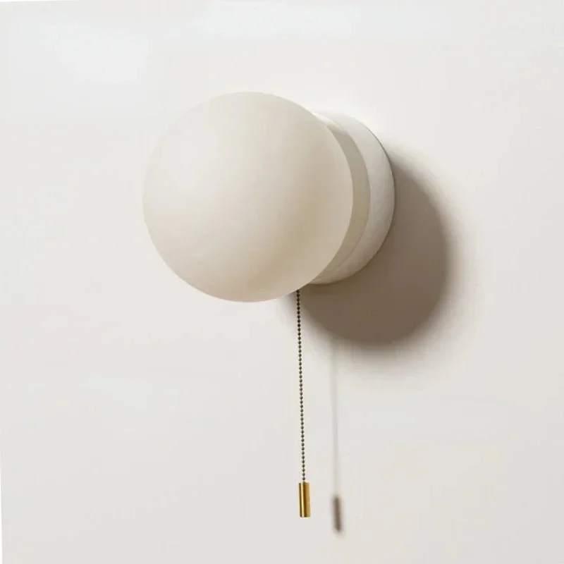Minimalist Round Glass Wall Sconce Pull Chain Switch Wall Lamp Modern Bedroom Bedside Aisle Decor LED Wall Light