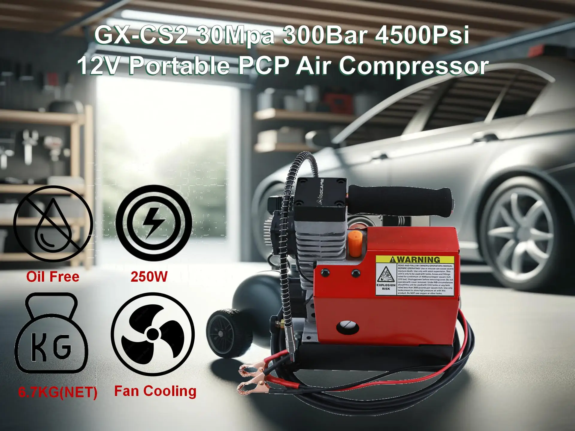 GX CS2 휴대용 PCP 공기 압축기, 4500Psi, 30Mpa 오일 프리, 자동차 12V DC 또는 가정용 110V AC, 어댑터 포함