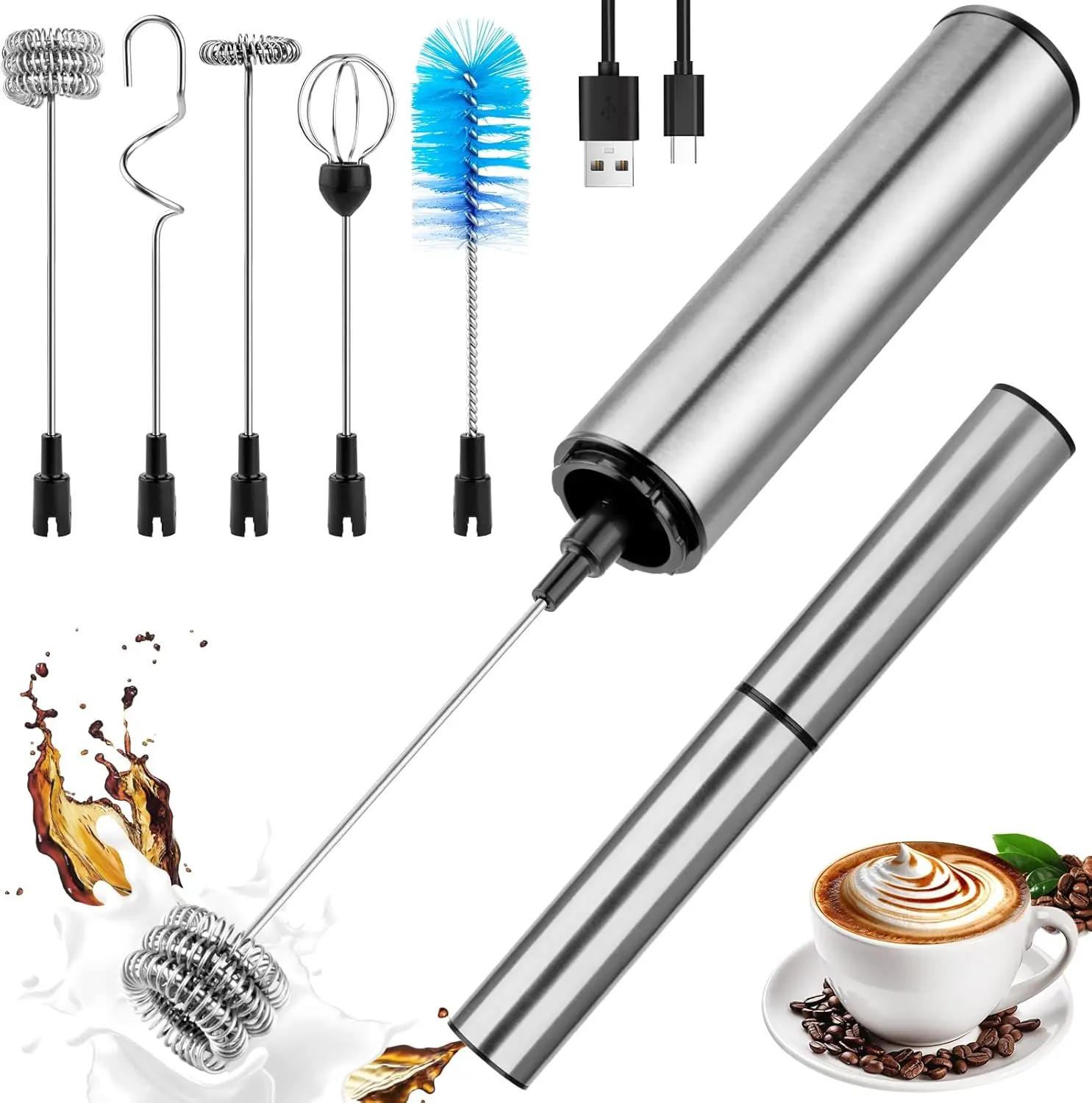 Rechargeable Milk Frother Wand, 5 Heads 2 Speeds, Handheld Electric Whisk for Coffee, Latte, Cappuccino, Hot Chocolate, Egg Mixer