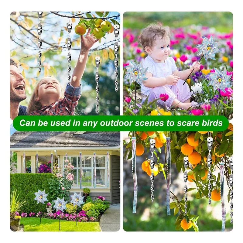 

AB33-Bird Deterrent Devices Kit,27 Pieces Set With 20 Reflective Scare Rods, 6 Pinwheels With Stakes And A Roll Of Scare Tape Du