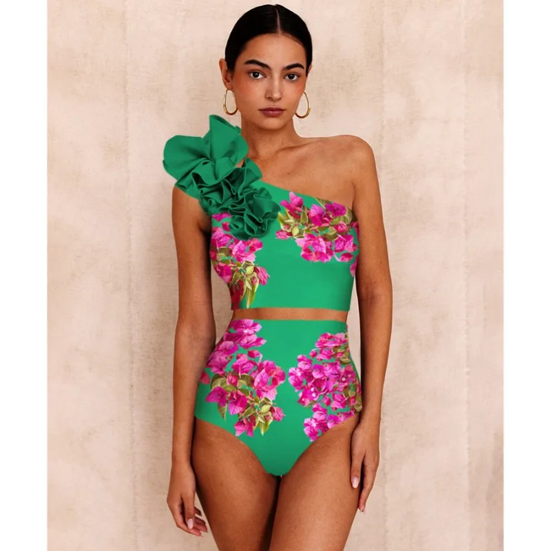 2024 Rose Pink Bougainvillea Flower Printed Bikini Set Swimsuit and Skirt Swimwear Women Flaxmaker Clearance Wholesale