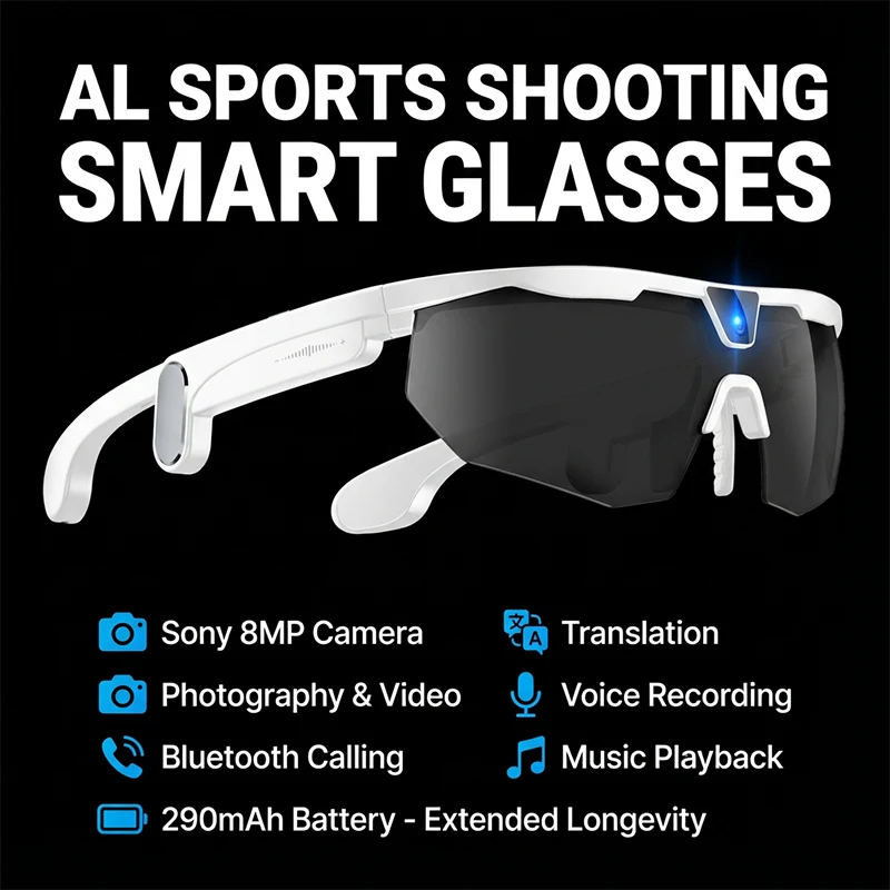 AI Sports Smart Glasses With Camera Sunglasses 2026 Outdoor Windproof Goggle Bluetooth Call Video Recording Translator Eyewear