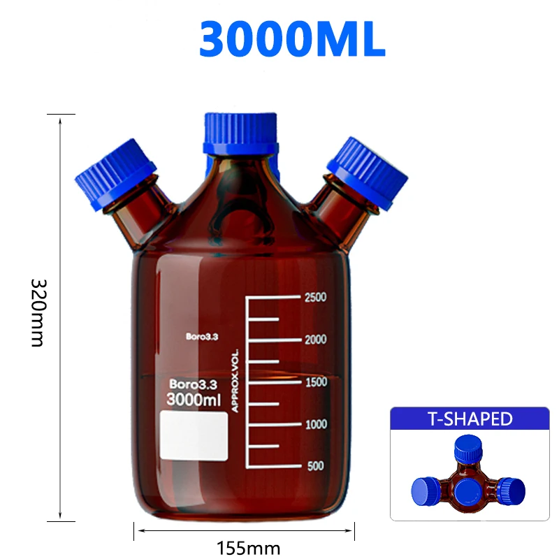 

Four-hole T-type mobile phase bottle, brown agent liquid storage bottle, GL45 blue cap, 250/500/1000/2000/3000ml