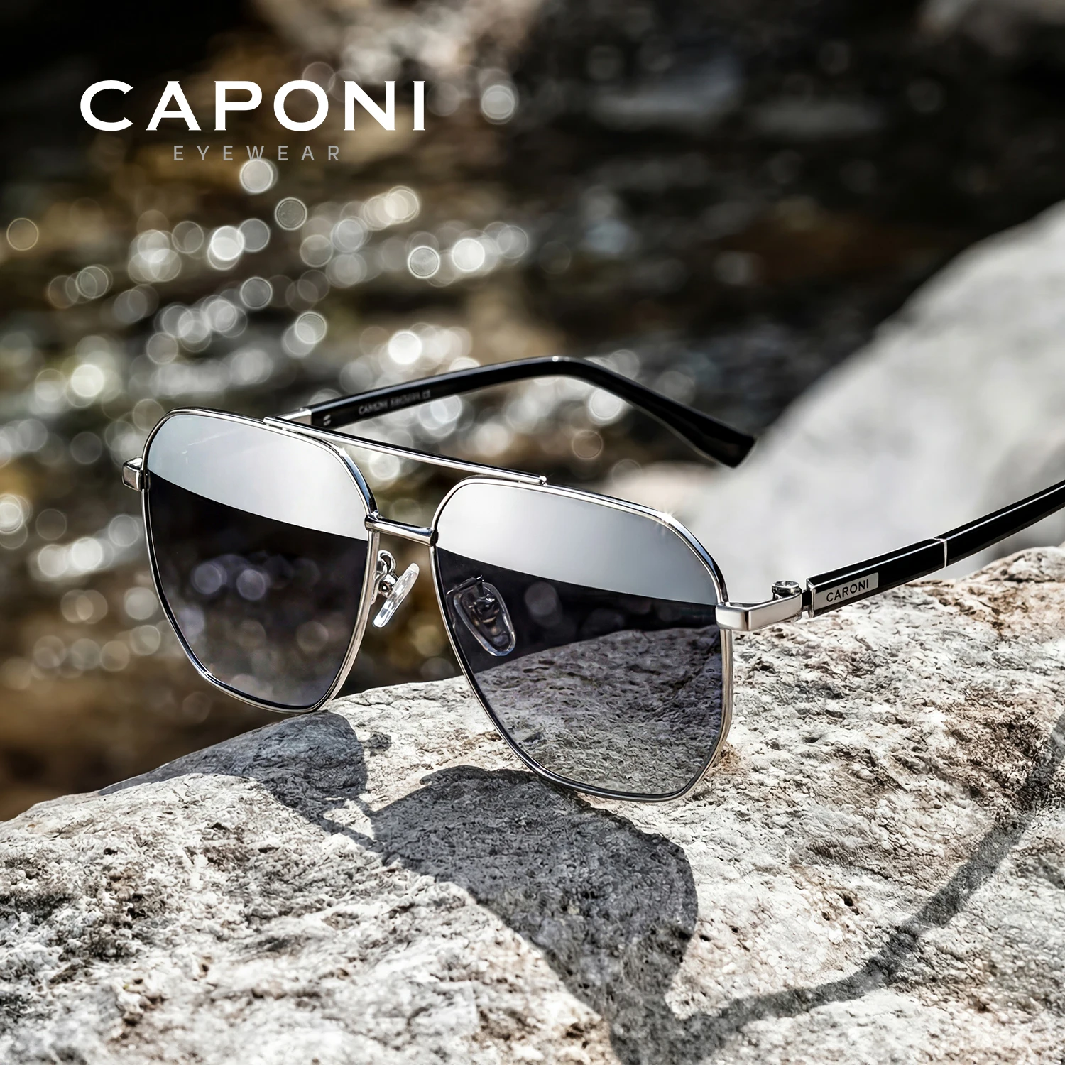 CAPONI Polarized Men Sunglasses Outdoor Photochromic Acetate Metal Driver Sun Glasses UV400 Protect Outdoor Square Shade BS24703