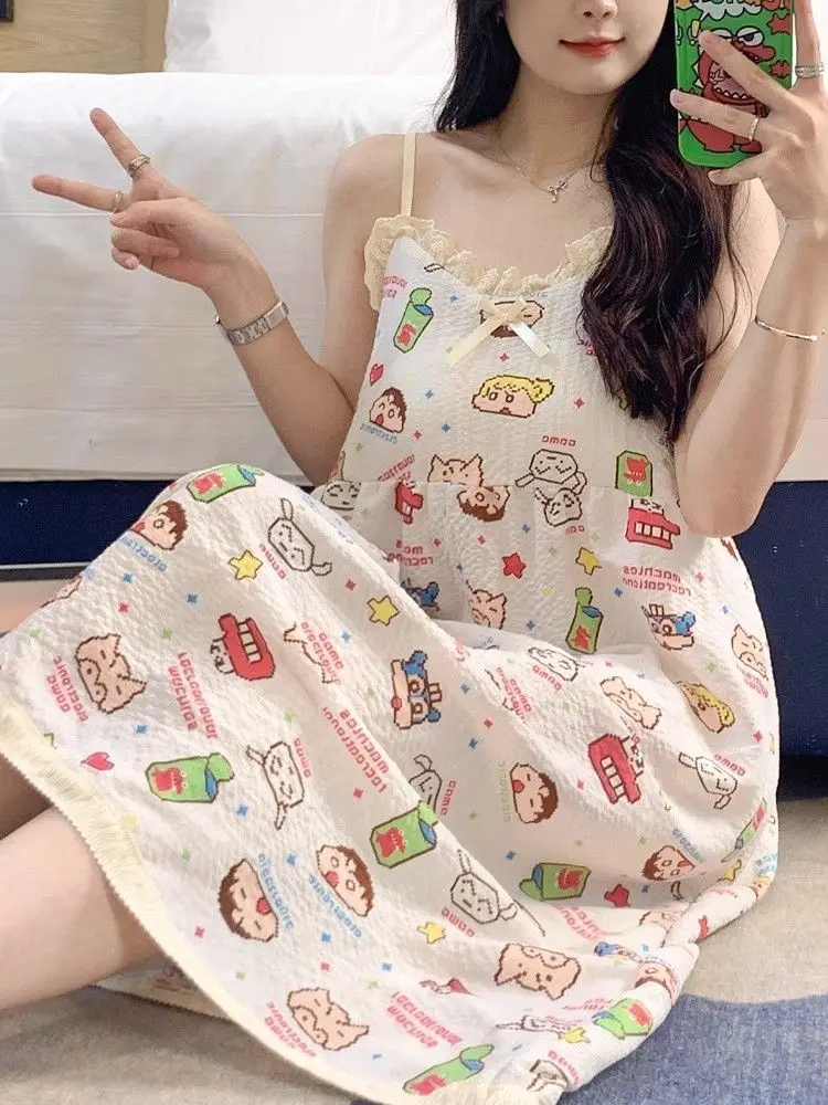 

Anime Crayon Shin Chan Summer Nightdress Suspender Pajamas Women Sweet Loose Cute Cartoon Home Clothes Birthday Gift