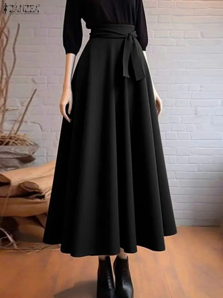 

2025 ZANZEA Elegant Women Maxi Skirts Elastic Waist Jupes Casual Loose Faldas Saia Belted Autumn High Waist Fashion Overskirts