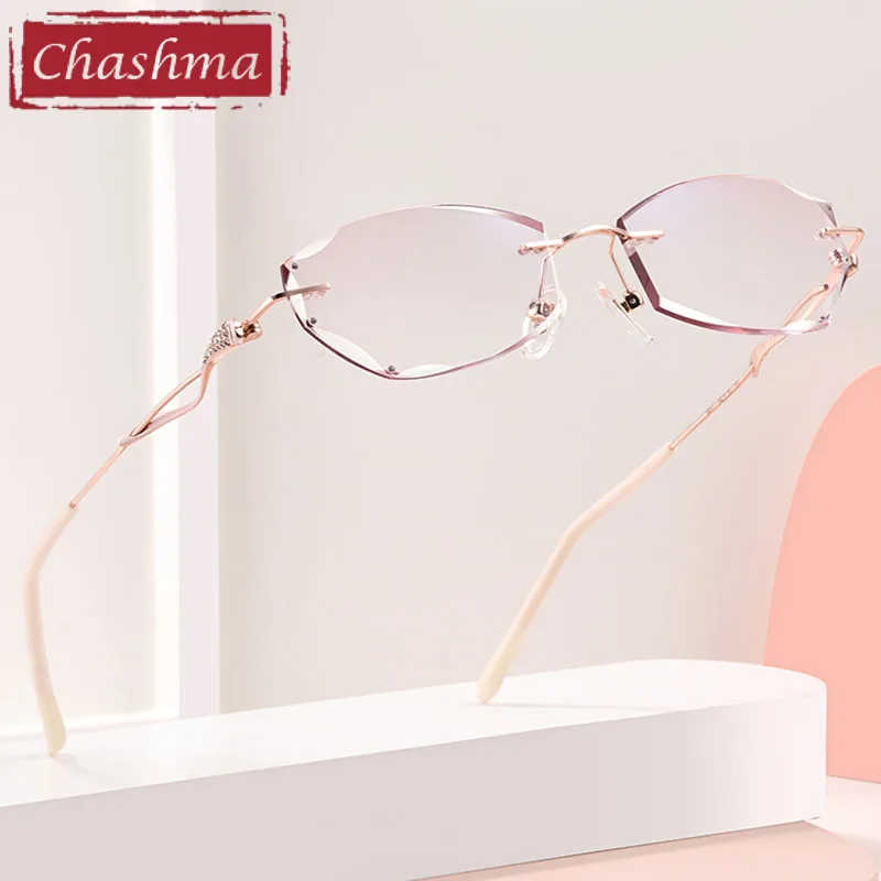 Chashma Prescription Glasses Women Rimless Titanium Optical Spectacles Recipe Lenses Eyeglasses Frames Diamond Trimmed Crystal