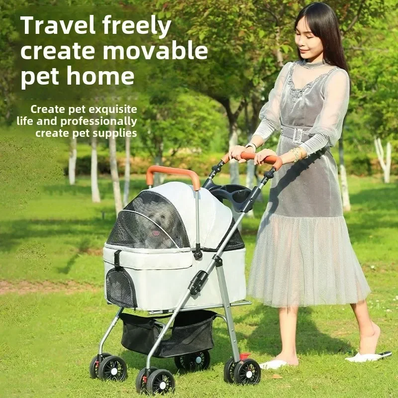 4 Wheels Pet Stroller-Comfortable and Convenient Carrier for Dogs and Cats - Spacious Storage, Cup Holder, Portable, Breathable