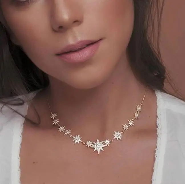 2024 New Fashion Iced Out Bling Cz Star Starburst Charm Nchoker Necklaces For Women Delicate Charm Statement Jewelry Wholesale