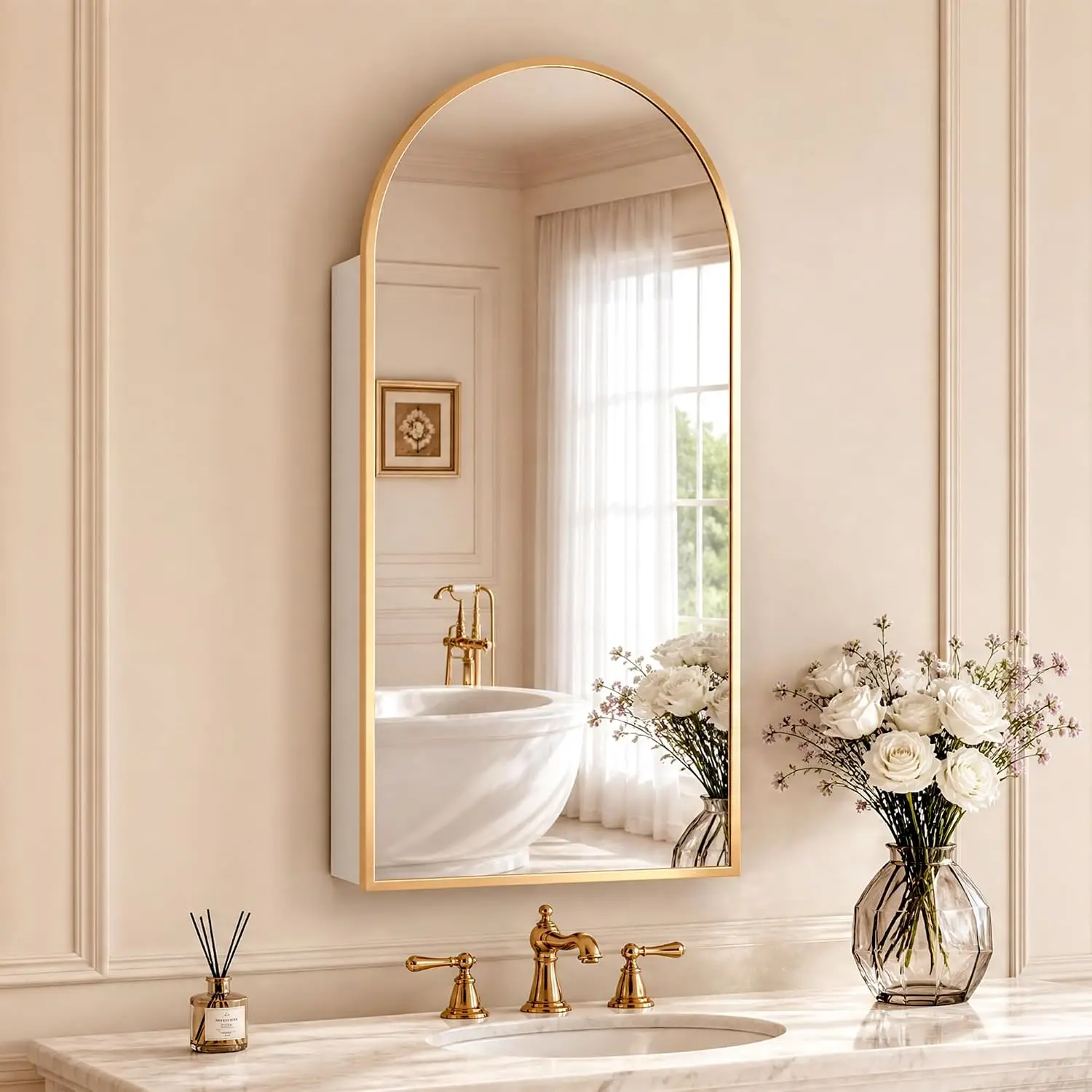 Gold Medicine Cabinet Mirror, Wall-Mounted Mirror Cabinet, 16x32 Inch | Medicine Cabinets for Bathroom, Easy Install, Adjustable