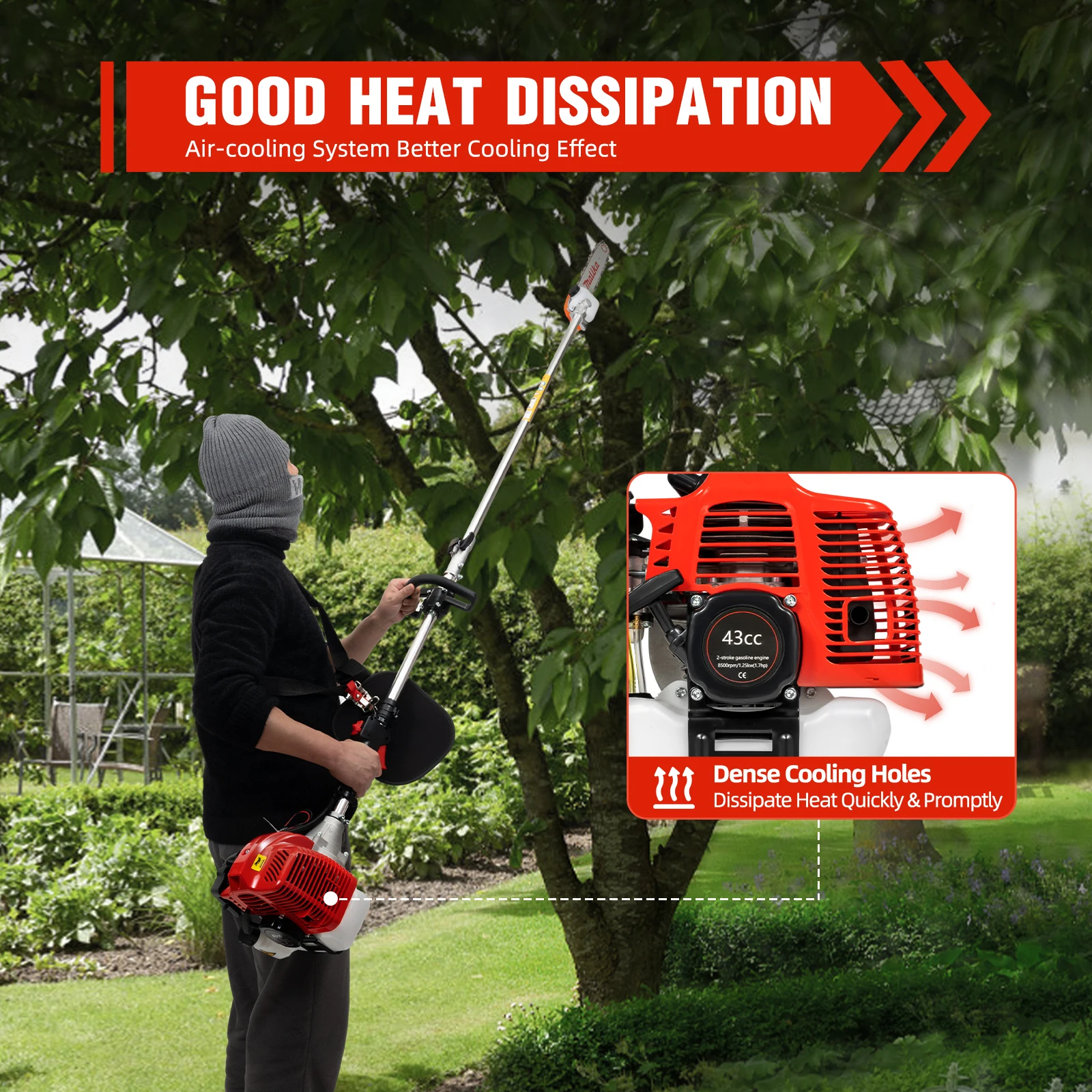 43CC 2 Stroke Reach Saw Pruner Gas Pole Chainsaw Tree Trimmer 16 Inches Cordless with Carry Bag 1250W