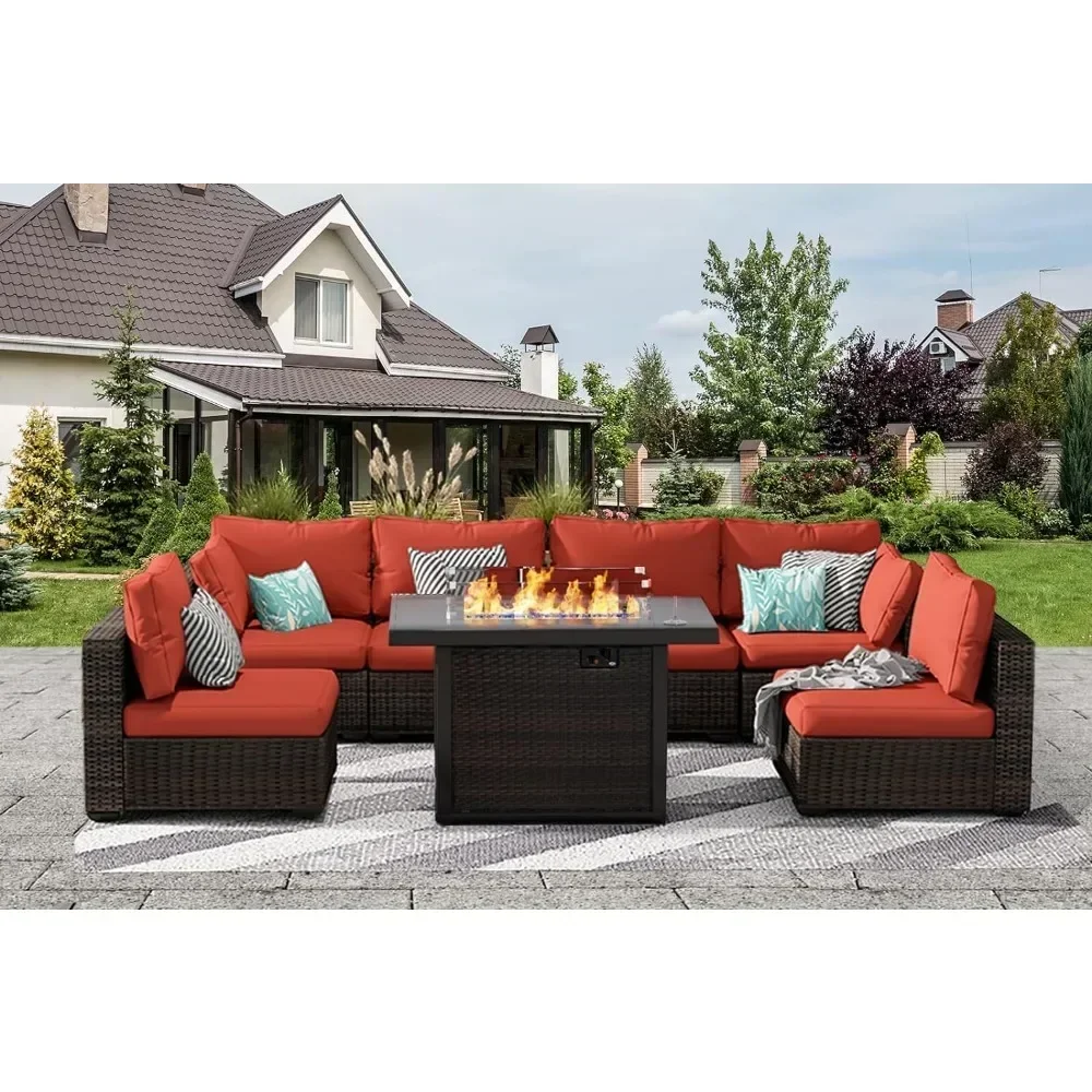 Outdoor Furniture 7 Piece Sets with Fire Pit Table, Patio Couch Sectional with No-Slip Cushions and Cover, Outdoor Furniture Set