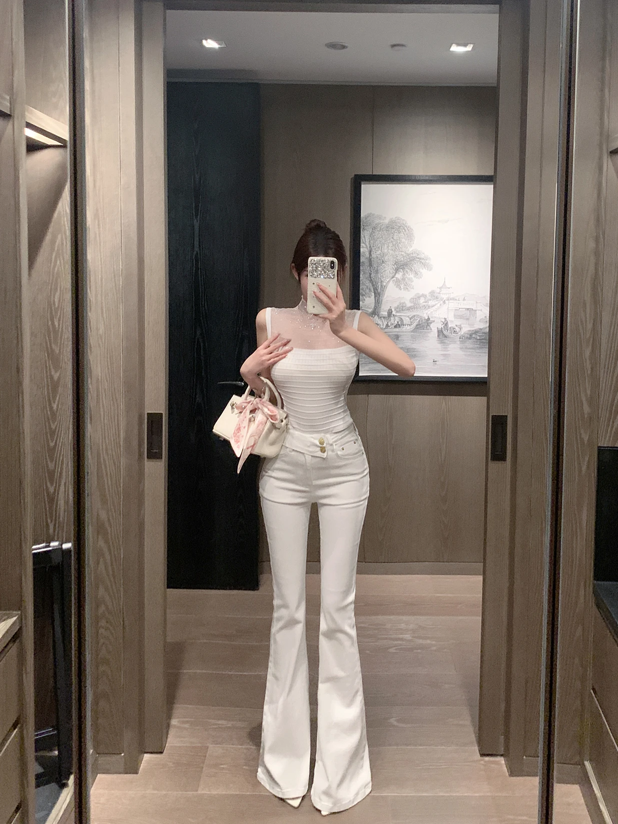 

High Waist Bell Bot Denim Jeans Asymmetric Design New Arrival Ladies Faion Spring Season Micro Stretch Elastic Waist