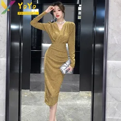 Formal Gold V-Neck Korean Simple Dress Women's Office 2023 Autumn/Winter Fashion Elegant Slim Bodycon Party Dress