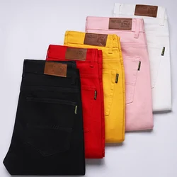 White Yellow Pink fashion 5 Color Men's Cotton Casual Pants Jeans Slim Straight Solid Color Business Trousers Four Seasons Brand