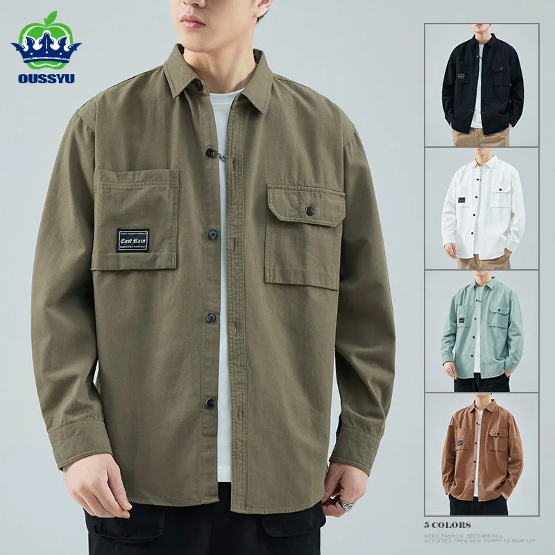 Brand Clothing Autumn 100% Cotton Cargo Shirt Retro Harajuku Korea Men's Daily Casual Work Long-sleeved Shirt Plus Size M-4XL