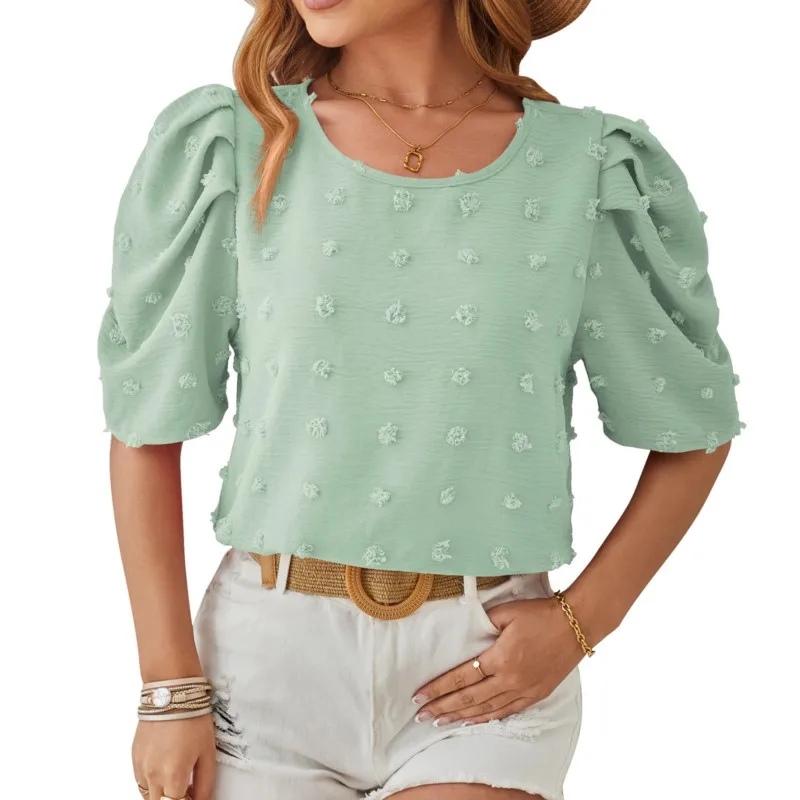 

Элегантная однотонная женская блузка с круглым вырезом, пуловер с объемными рукавами, тканая жаккардовая шерстяная рубашка, универсальная рубашка, топ, новинка 2023 года