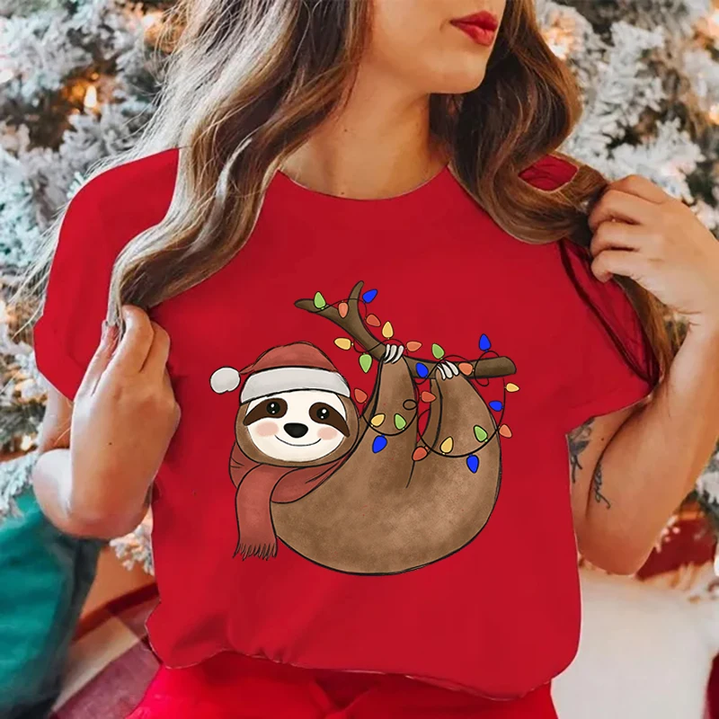 New Fashion Christmas Sloth Print Graphic T Shirt Unisex Fashion Casual Short Sleeve Shirt Tee Christmas T Shirts Tops