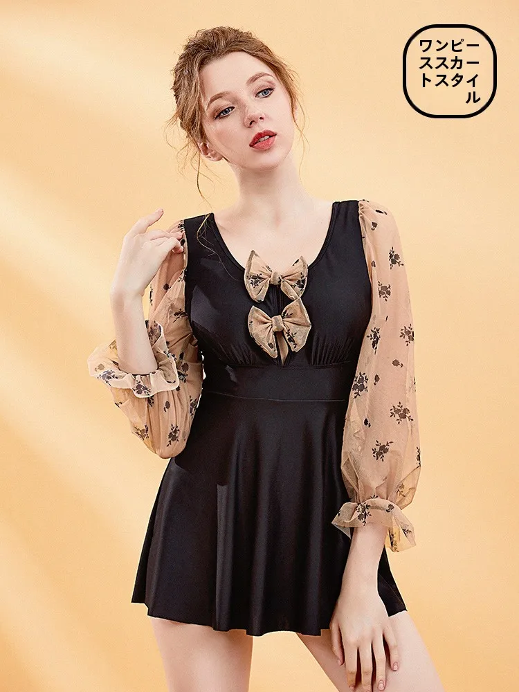 new-women's-swimsuit-long-sve-dr-sle-thermal-spring-conservative-knot-slimming-student-suit-cover-up-fitn