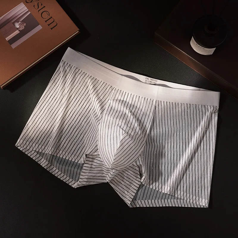 3 Pack Men's Striped Seamless Boxer Briefs Ice Silk Ultra Thin Breathable Underwear for Men Summer Cool Dry Sports Daily Wear 3D