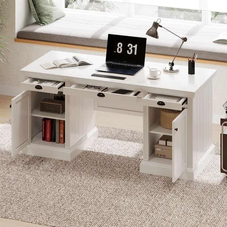 

67''Modern Executive Desk Computer Desk with 2 Storage Cabinet and 3 Drawers Rectangle Home Office Desk with back Reading Desk
