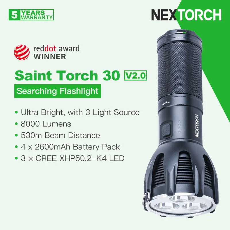 Nextorch Saint latarka 30 V2.0 z 3 sztucznymi źródłami LED, Ultra jasny 8000 lumenów, podwójna ochrona termiczna