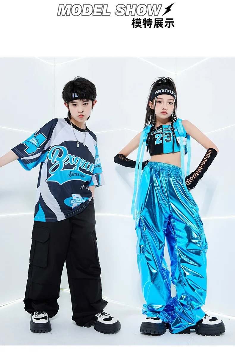 Neues, cooles, leuchtend blaues Street-Dance-Kostüm, Kinder-Jazz-Mode, Kleidung für Jungen und Mädchen, Hip-Hop-Oberteile in Oversize-Passform, Hosen, Outfit für Laufsteg-Shows. – Detail 2