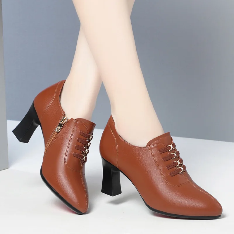

Small Size Women Deep Mouth Block High Heels Shoes British Style Pointed Toe Ladies Leather Shoes Woman High Heel Office Shoes