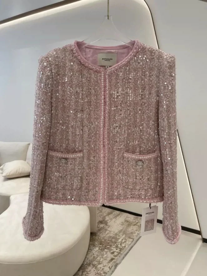 2024 Spring High-end French Heavy Sequined Tweed Pink Coat Fashion Commuter Long Sleeve Elegant Round Neck Women\'s Jackets