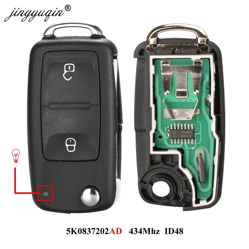 jingyuqin 2 Buttons Flip Remote Car key 5K0 959 753 AB 434MHz for VOLKSWAGEN VW Amarok Transporter 2011-2016 ID48 chip