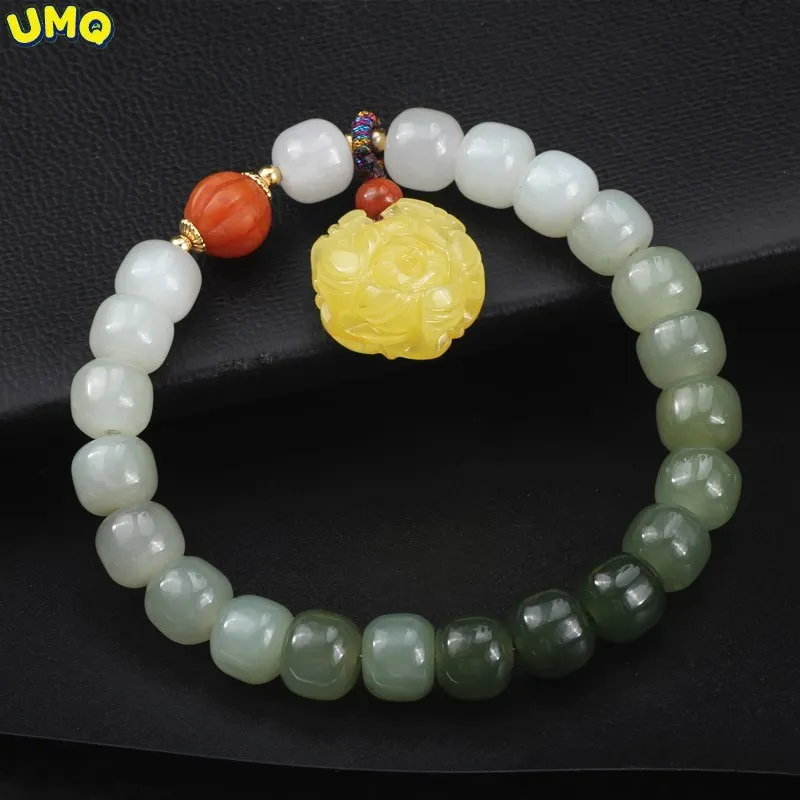 

Qiyi Hotan Jade Old Style Bead Handstring Qinghai Material Sapphire Gradient Bracelet Honey Wax Peony Flower