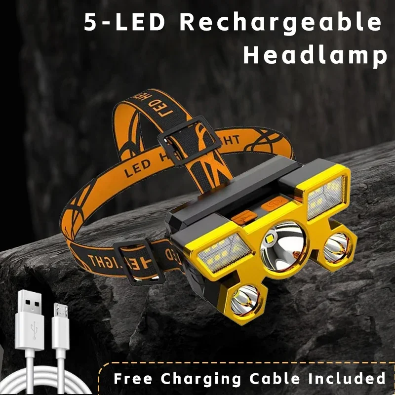 5 LED Headlamp 4 Modes 200m USB Rechargeable Headlight, Zoomable Waterproof Head Torch for Outdoor Fishing Camping Hiking