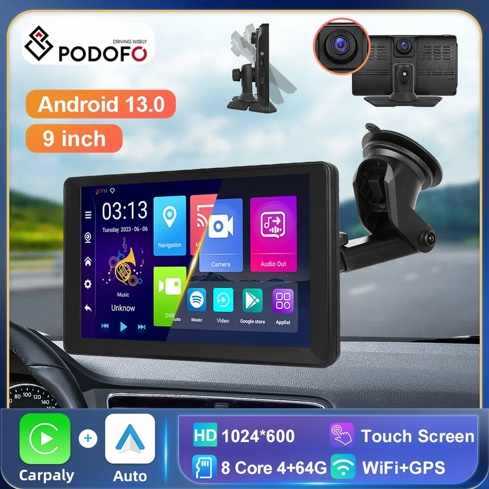 

Podofo 9” Android Car DVR Monitor Android 13 4+64G Dash Cam Carplay Android auto WIFI GPS Navigation Airplay Dashboard Recorder