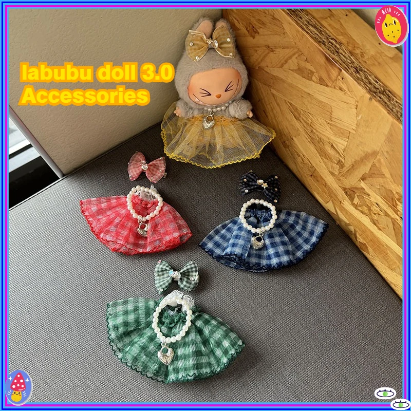 

Для куклы Labubu 15-17 см, мини-разноцветная клетчатая юбка, комплект из 3 предметов, одежда для кукол Labubu, аксессуары для платья своими руками для сидения и вечеринки