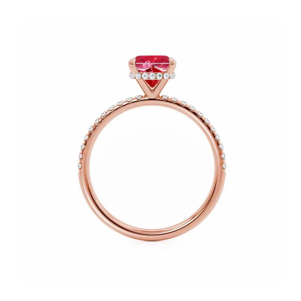Cushion Cut Lab Grown Ruby Round Lab Diamond Ring 9K/14K/18K Rose Gold Halo Style Half Eternity Engagement Ring For Women
