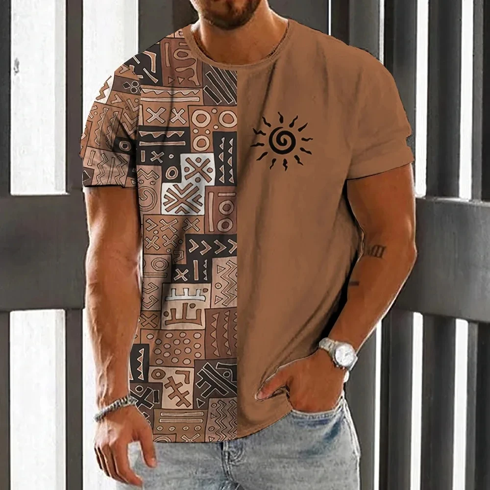 Men\'s T-shirt ethnic print casual short sleeved summer round neck street outfit retro men\'s loose fitting sports shirt