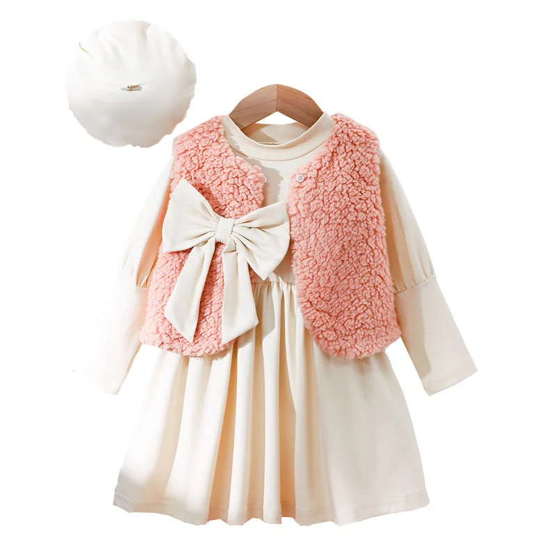 

Autumn Hot Sale Baby and Toddler Outfits Bowknot Furry Vest Round Neck Long Sleeve Dress