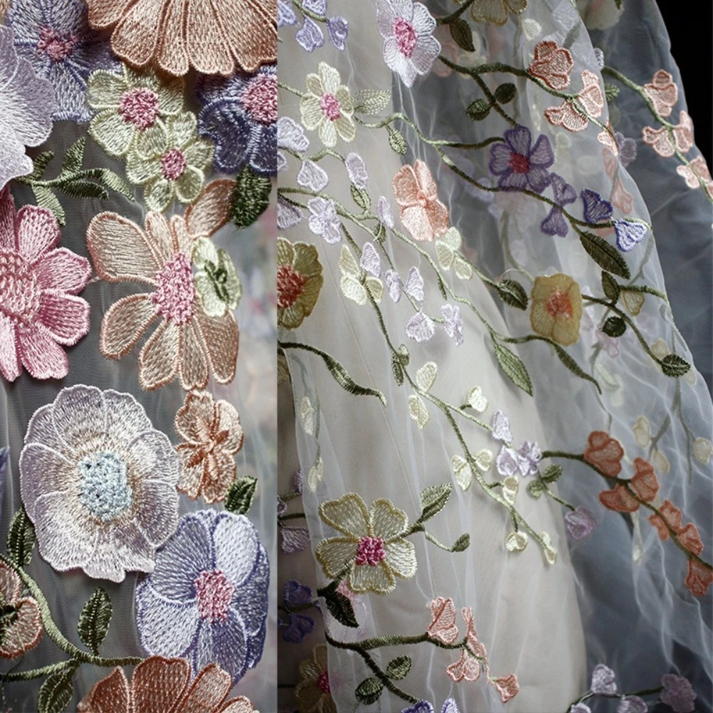 

Красочная цветочная тюль с вышивкой, ткань «сделай сам», платье, дизайнер одежды