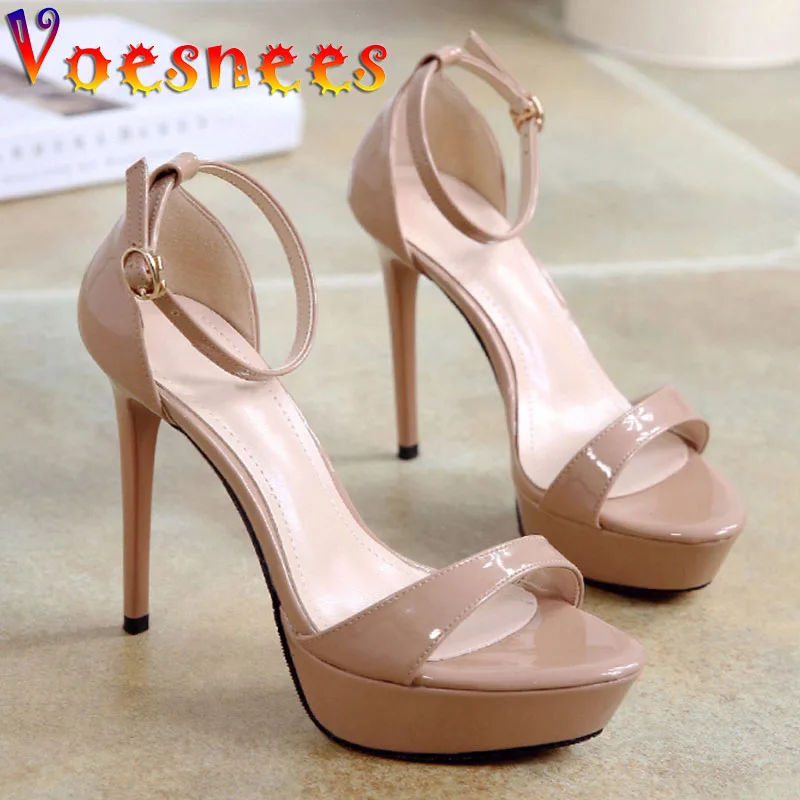 Sexy One Word Band Women Stiletto Shoes Summer Pure Colour Buckle Strap Platform High Heels 12CM Super High Heel Catwalk Sandals