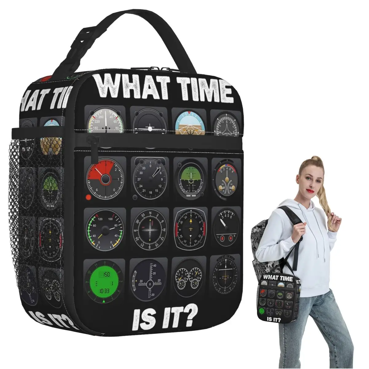What Time Is It Flight Instruments Insulated Lunch Bag for Women Children Portable Food Boxes Thermal Lunch Box Tote
