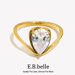 E.B.belle Water Droplet Shape Zircon Ring Minimalist Style Hypoallergenic Stainless Steel 18K Gold Plated Jewelry For Women