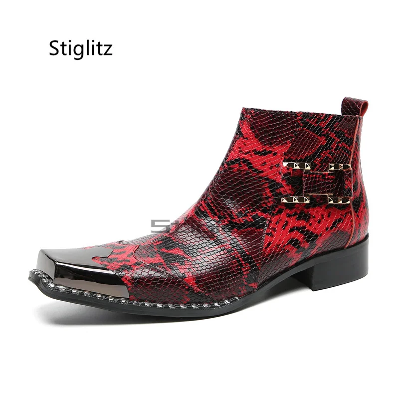 Botas Chelsea de negocios rojas para hombre, piel de serpiente, piel de vaca, punta cuadrada de Metal, botas altas formales para hombre, botines de cuero genuino