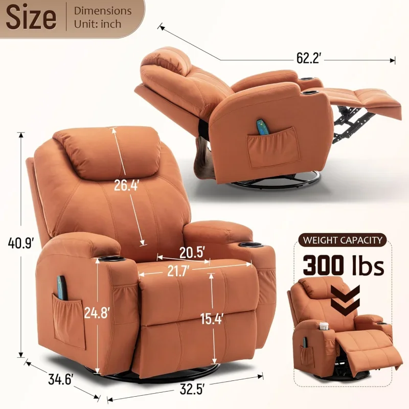 Recliner Chair, Rocking with Massage and Heat, 360° Swivel Reliner for Adults, Rocker Manual Remote