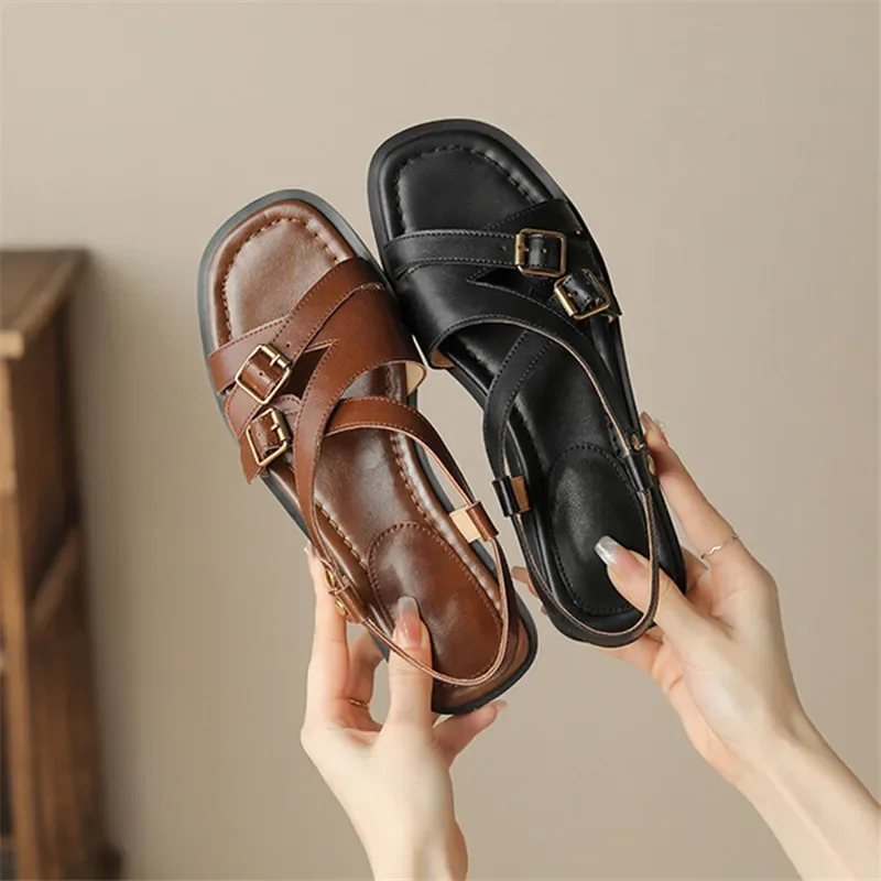 

2024 New Summer Sandals Women Split Leather Shoes Open Toe Low Heels Sandals For Women Concise Handmade Cowhide Women Sandals